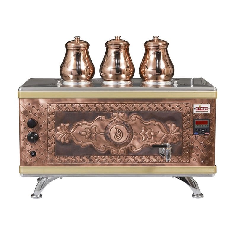 Ateşe Titanium Compact Akıllı Gazlı Elektrikli Bakır 3 Demlikli Çay Kazanı, 34 Litre