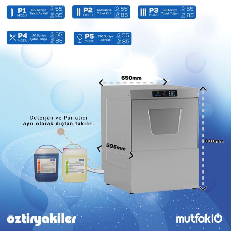 Öztiryakiler OBY 50T PDRT  Touch Dijital Bulaşık Makinesi, Tahliye ve Dozaj Pompalı, Set Altı