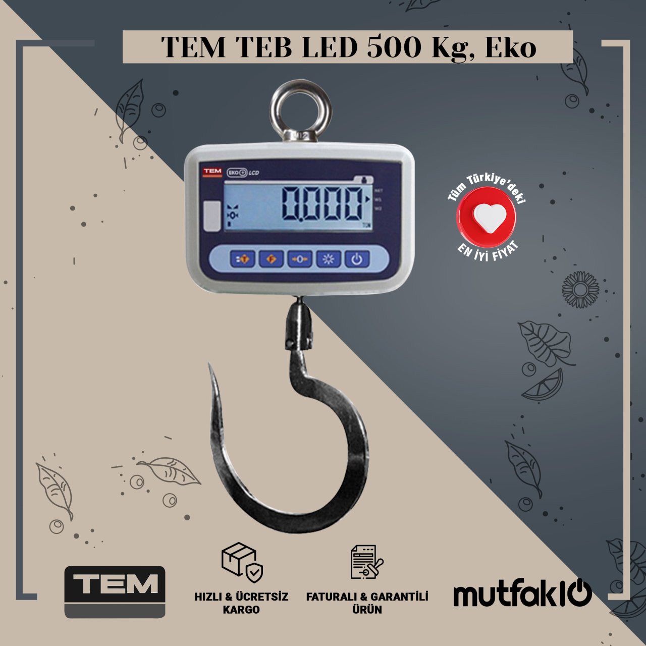 Tem Çengel Terazi 500 Kg, Teb Led Eko