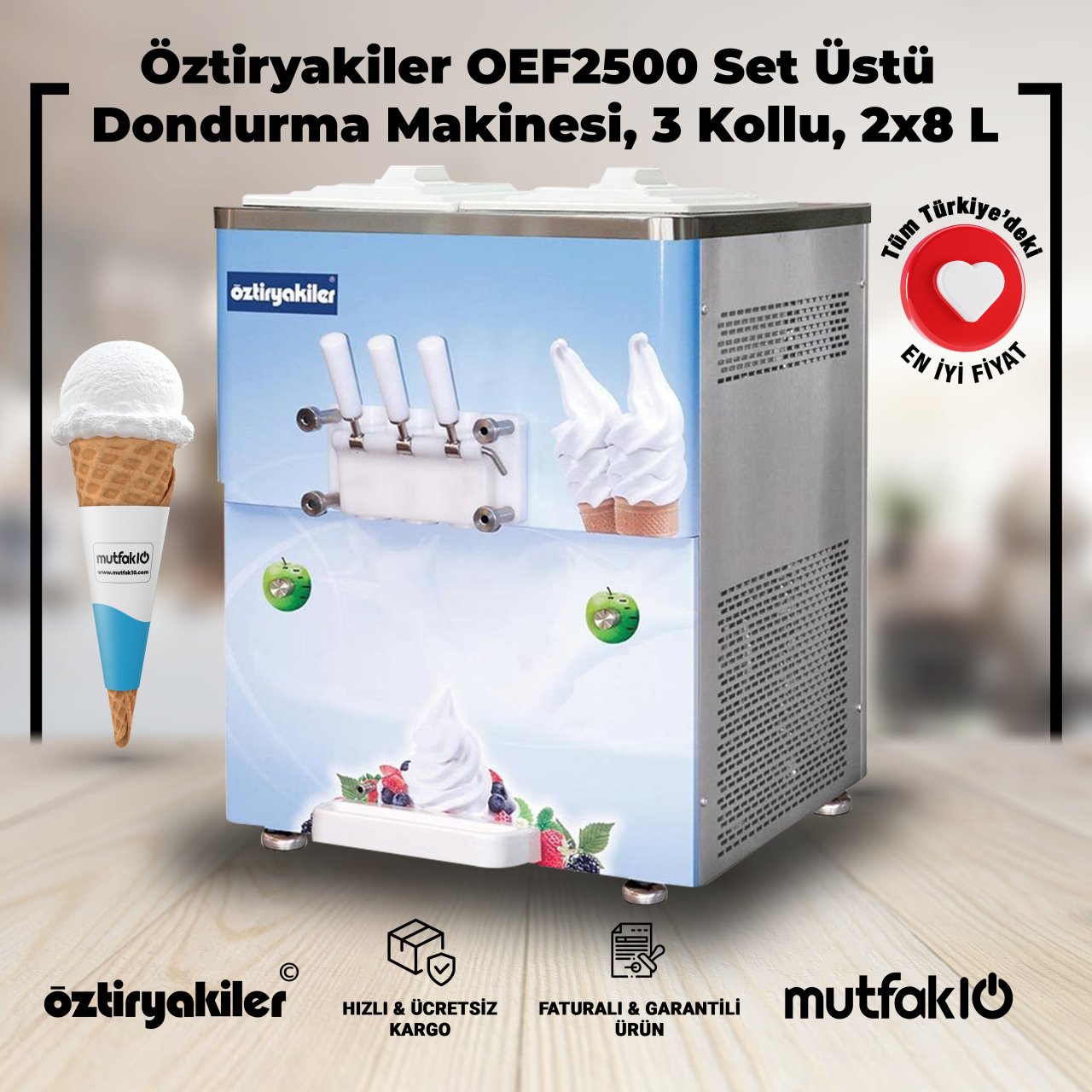 Öztiryakiler OEF2500 آلة آيس كريم سطح عمل، 3 أذرع، 2x8 لتر، 6644
