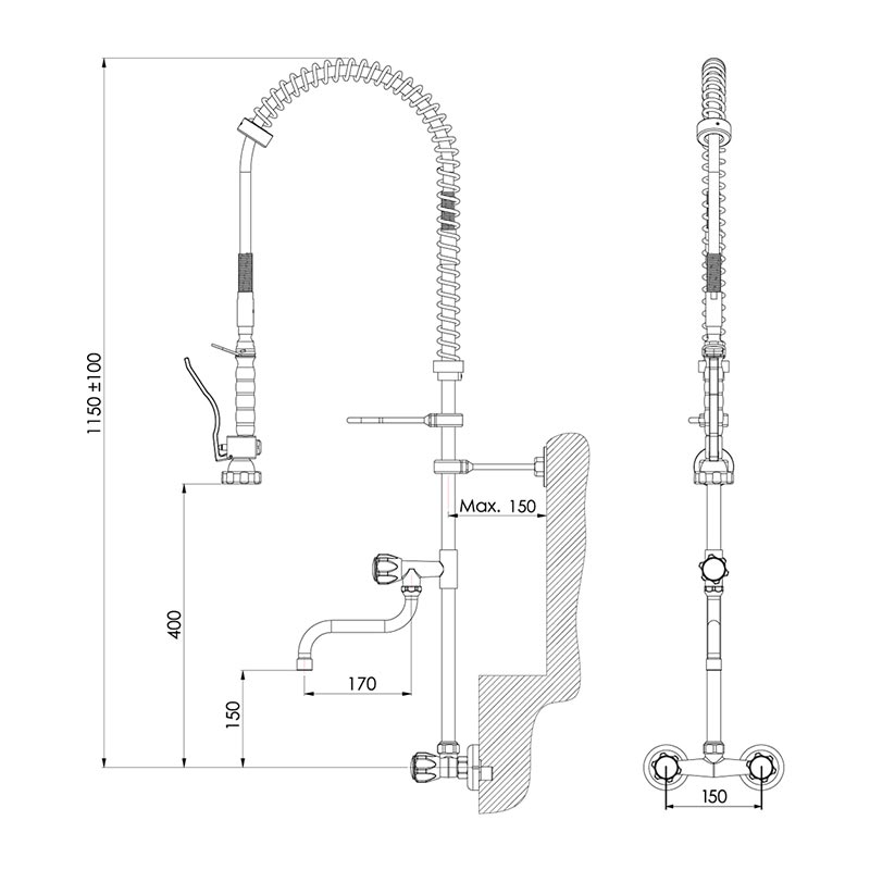 Liva Gaz 011 Wall-Mounted Pre-Rinse Spray Unit with Intermediate Faucet Dual Water Inlet