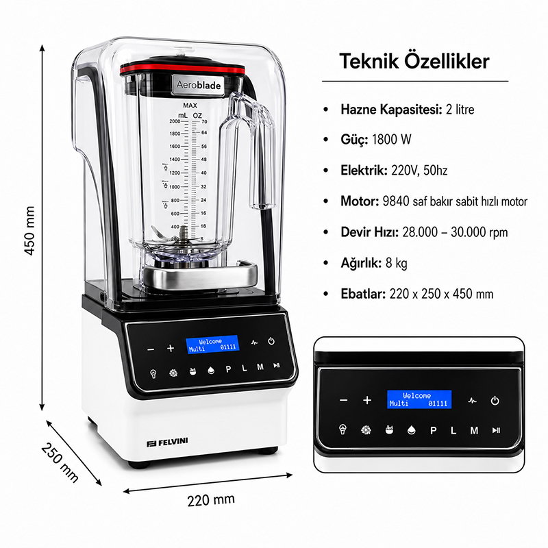 Felvini AeroBlade Digital Bar Blender with Noise Reduction Cover 2 Liters 1800 W White