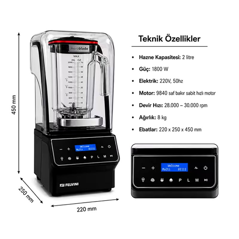Felvini AeroBlade Dijital Bar Blender Gürültü Önleyici Kapaklı 2 Litre 1800 W Siyah