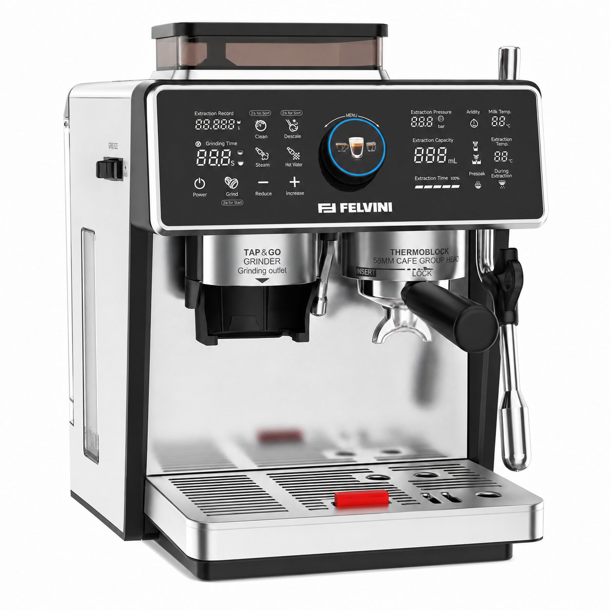 Felvini One Touch Ev Tipi Öğütücülü Espresso Makinesi PID Çift Kazan, Ön Demleme