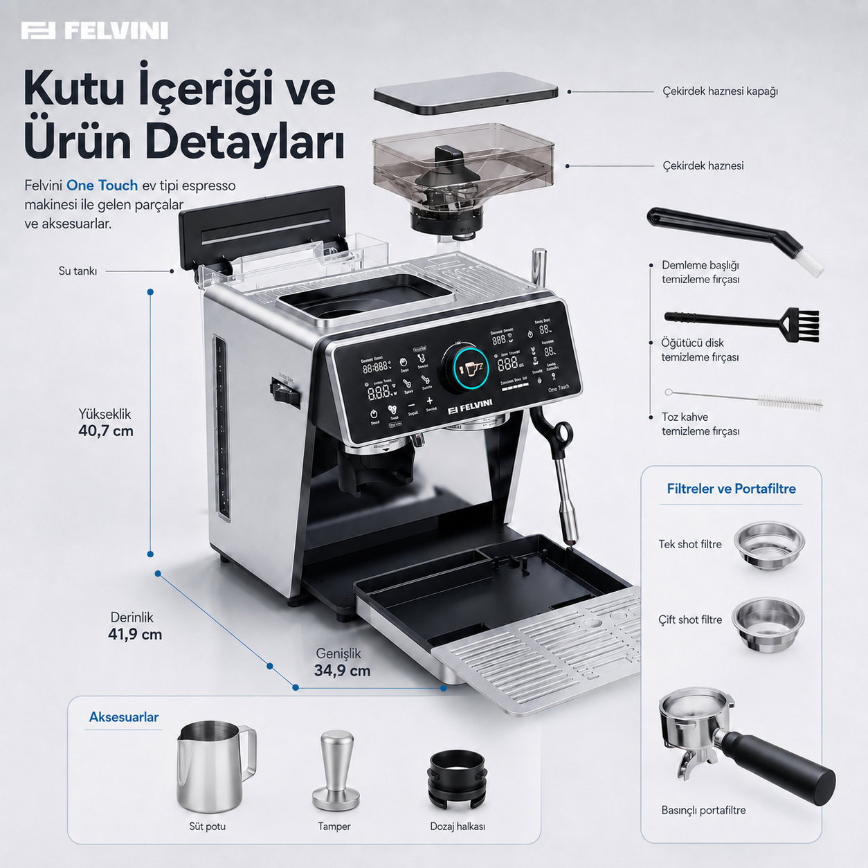 Felvini One Touch Ev Tipi Öğütücülü Espresso Makinesi PID Çift Kazan, Ön Demleme