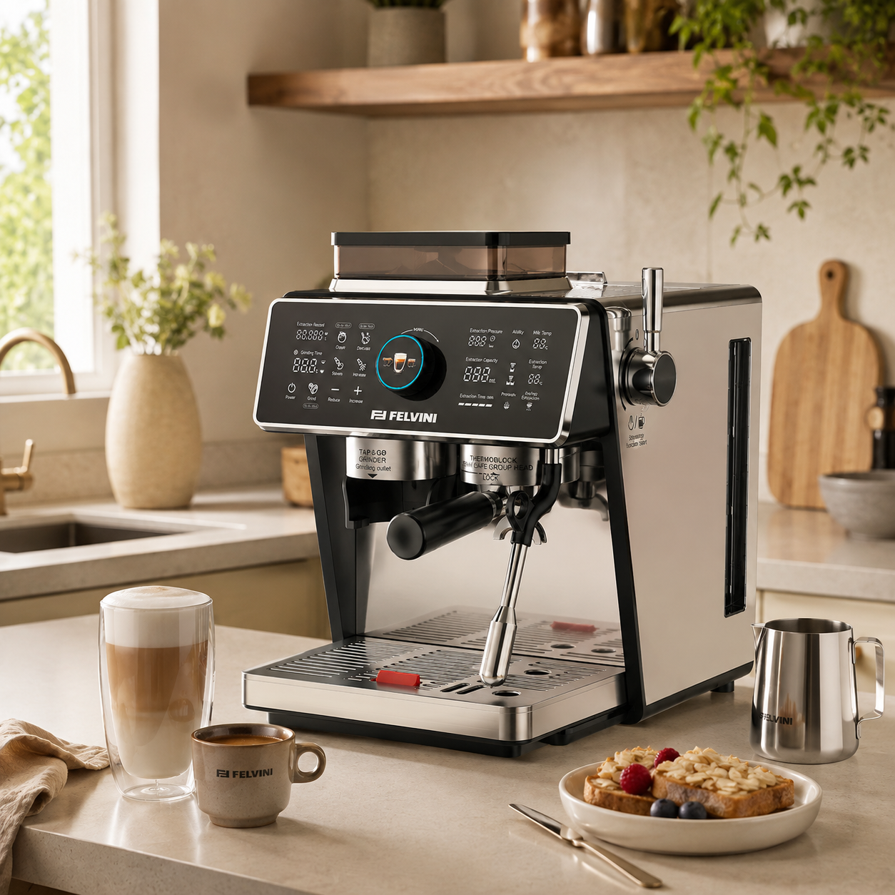 Felvini One Touch Ev Tipi Öğütücülü Espresso Makinesi PID Çift Kazan, Ön Demleme