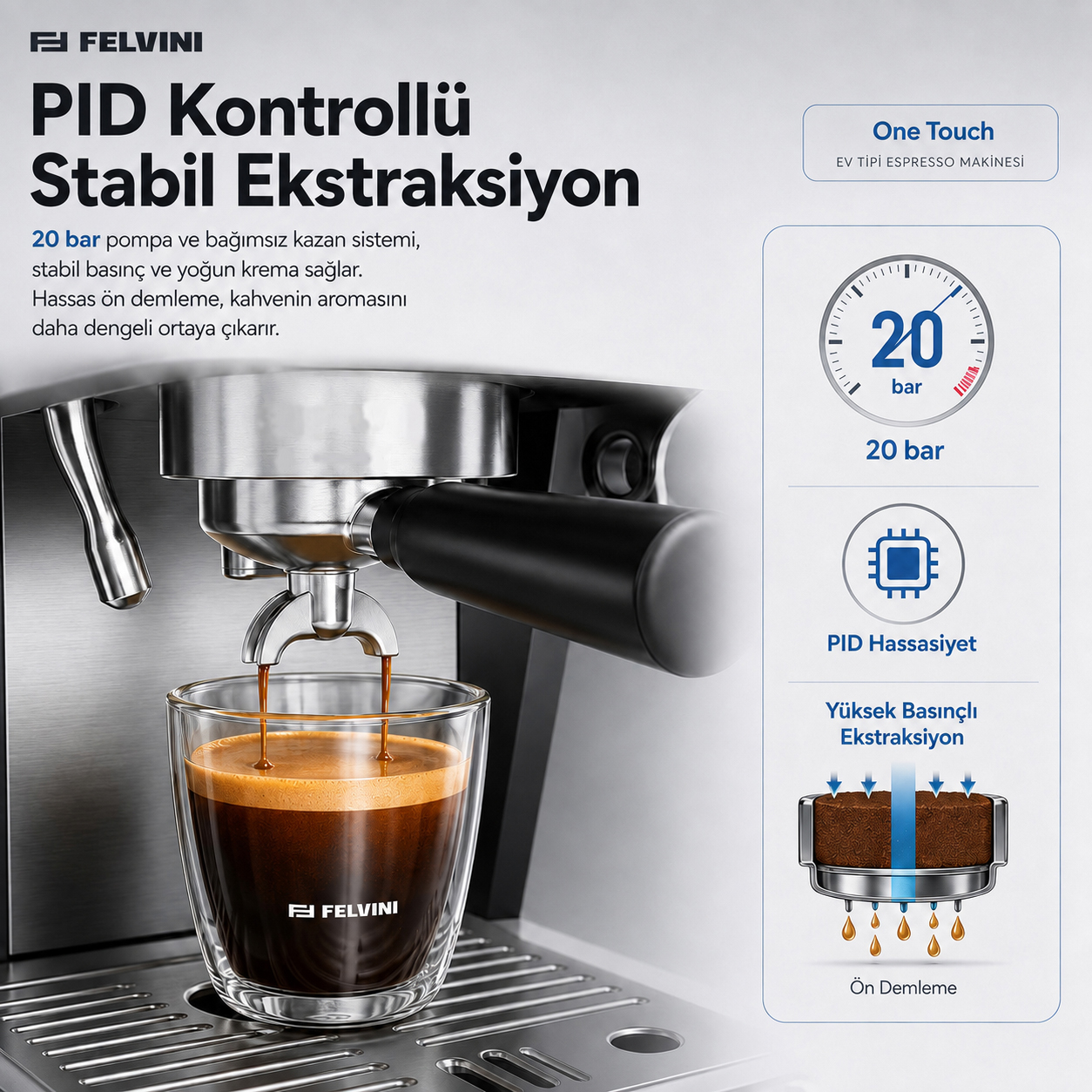 Felvini One Touch Ev Tipi Öğütücülü Espresso Makinesi PID Çift Kazan, Ön Demleme